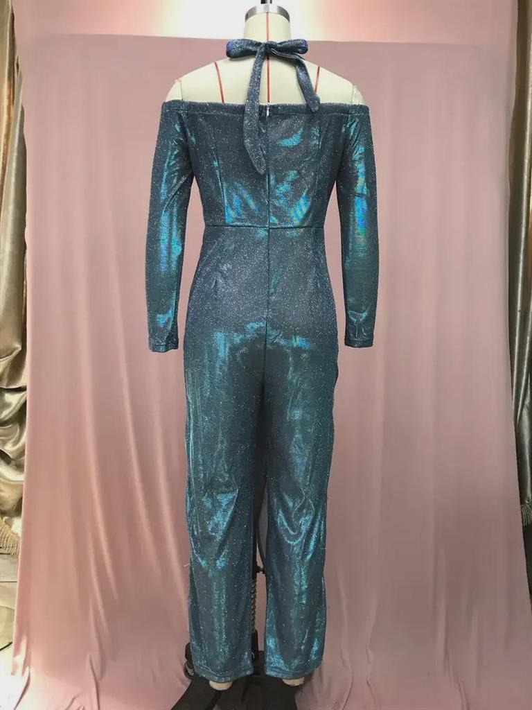 2025 European & American Glam Sequin Oblique Collar Jumpsuit - Mid-Waist Sexy Skirt