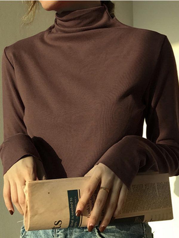 Women's Slim Fit Fleece High Neck T-Shirt - Korean Style Casual Long Sleeve Warm Top for Autumn and Winter 2025