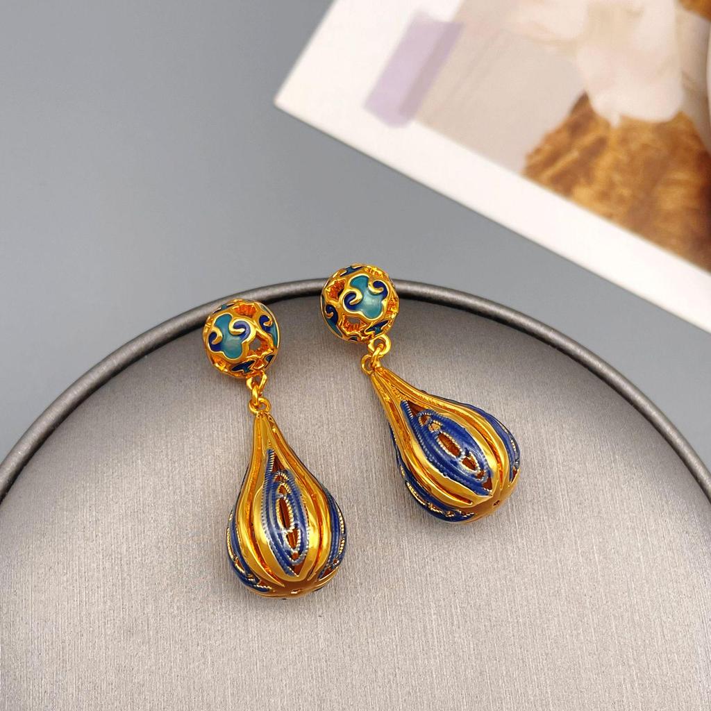 High-End Chinese Water Drop Enamel Earrings - Luxurious Long Silver Needle, Trendy Ancient Style for Women