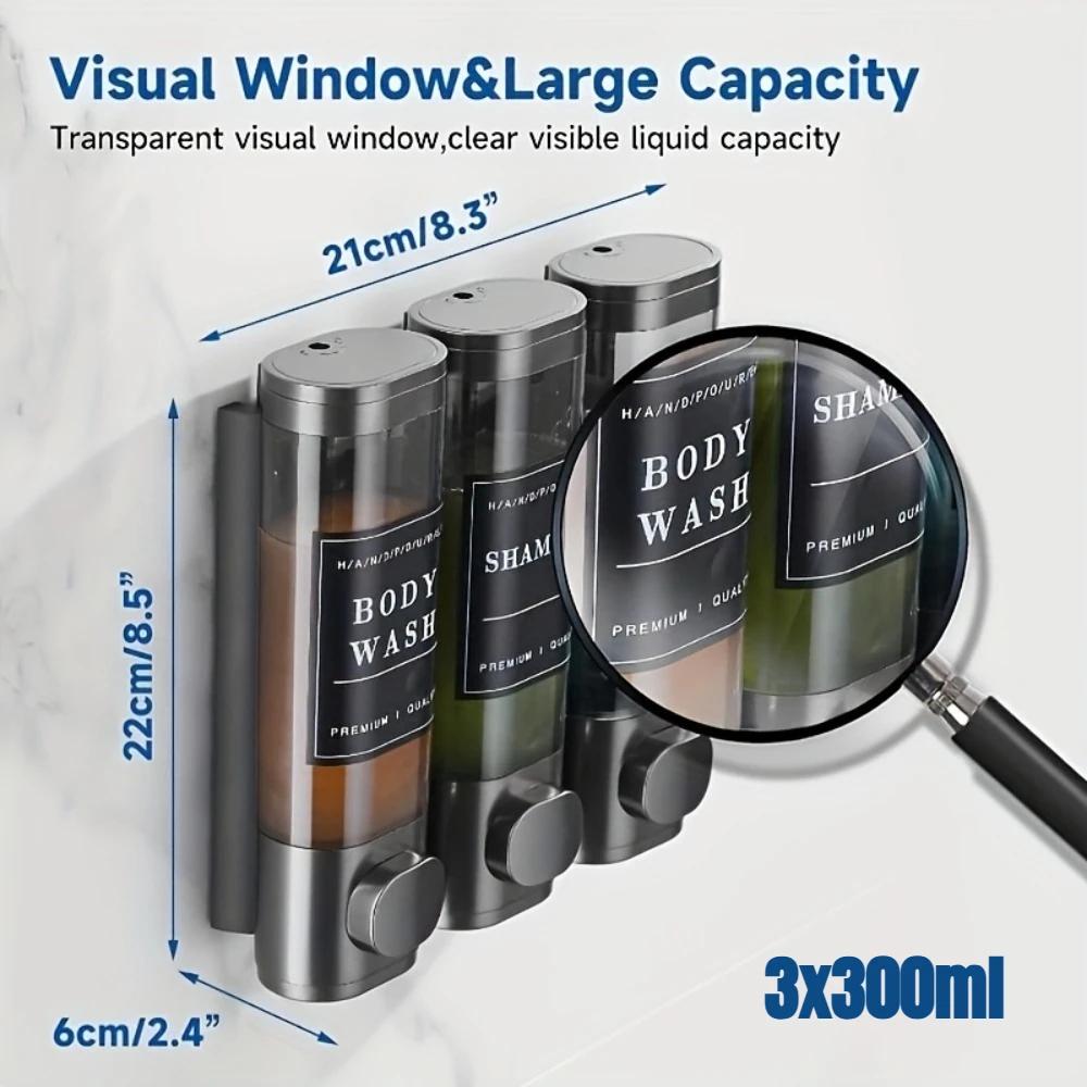 

Диспенсер для шампуня и кондиционера тройной 300 мл*3 из АБС-пластика, настенный диспенсер для мыла, диспенсер для геля для душа, без сверления для ванной комнаты чёрный