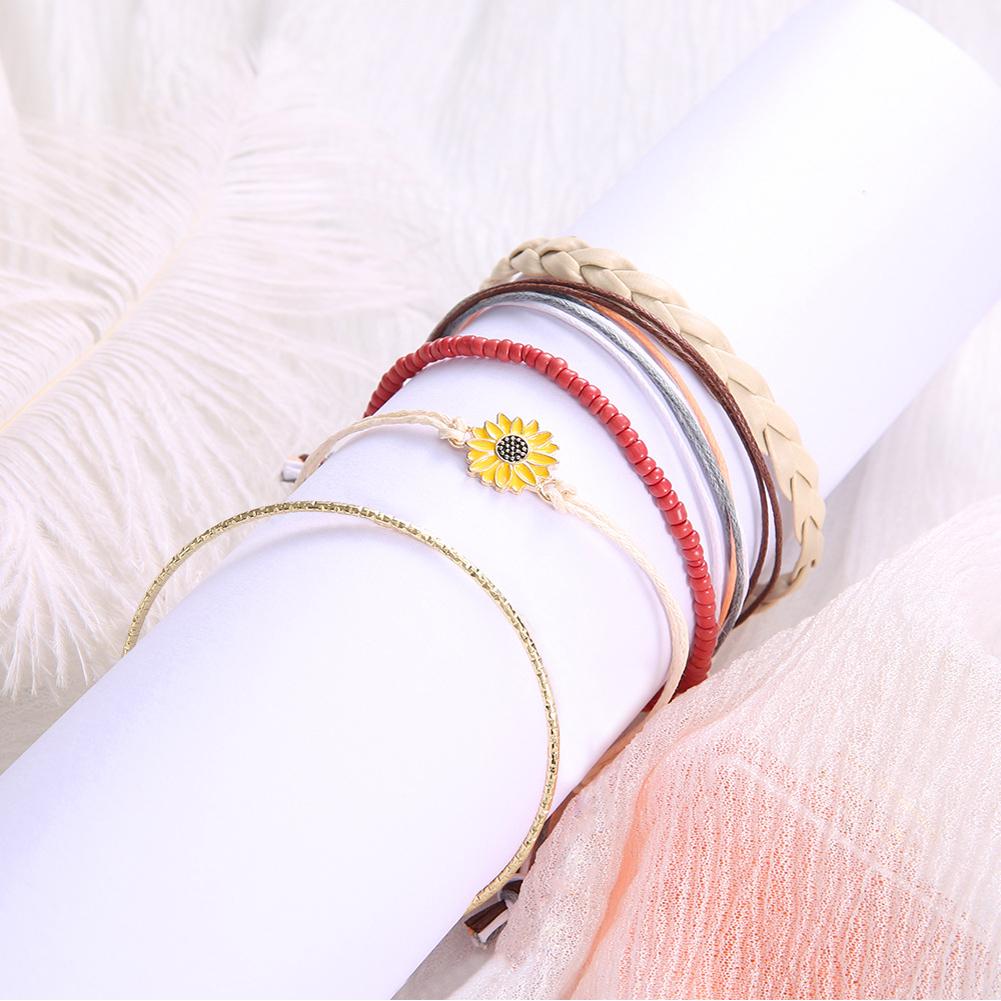 5 Piece Set Bohemian Small Daisy Leather Rope Vintage Bracelet Gold Plated Inlaid Artificial Gemstones