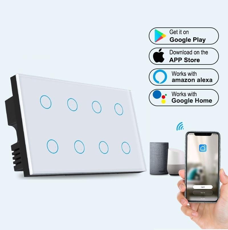8 Gang WiFi Zigbee Smart Wall Touch Switch 10A Alexa Voice Control Waterproof for App Smart Home Lighting System