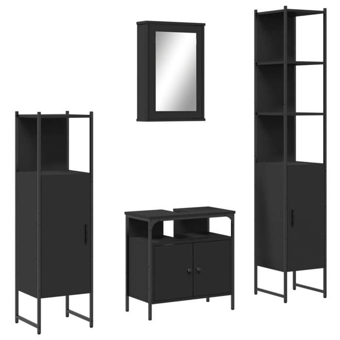 VidaXL Ensemble De Meubles De Salle De Bain 4 Pcs, Armoires Avec Miroir, Meuble De Rangement Toilette, Moderne, Noir Bois 3214825