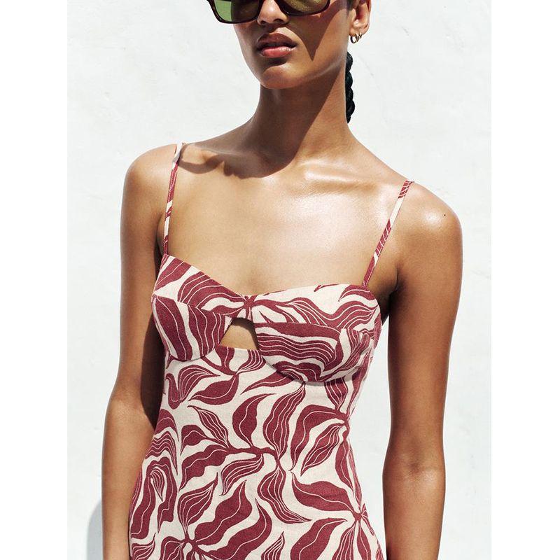 Summer New Design Sense Retro Print Vacation Fengya Hemp Blend Midi Dress 8372094