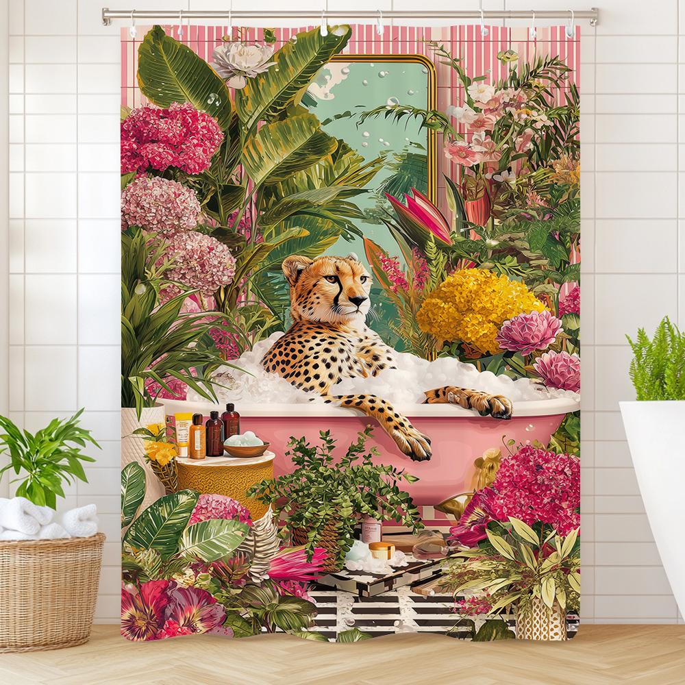 Fun Leopard Shower Curtain,Cat, Dog and Animals Bathing in Nordic Plant Bathtub Bathroom Decorative Shower Curtain with Hooks