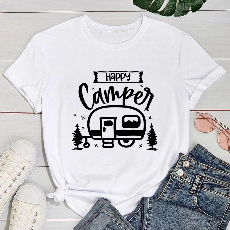 (Premium T-shirt)Fashion New Happy Camper T-Shirt And Women Cartoon T-Shirt Harajuku Streetwear T-Shirt Casual Tops Tees