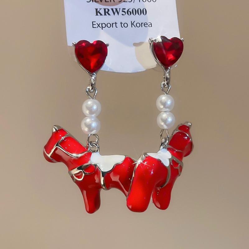 Funny Red Enamel Cartoon Horse Long Dangle Earrings with Rhinestone Imitation Pearl Silver Plated Party Jewelry for Women