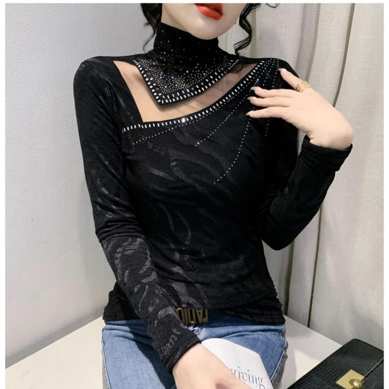 Spring Autumn Classic Women Turtleneck Long Sleeved T-Shirt Fashion Sexy Hot Diamonds Tees Elastic Slim Girl Tops Blouse