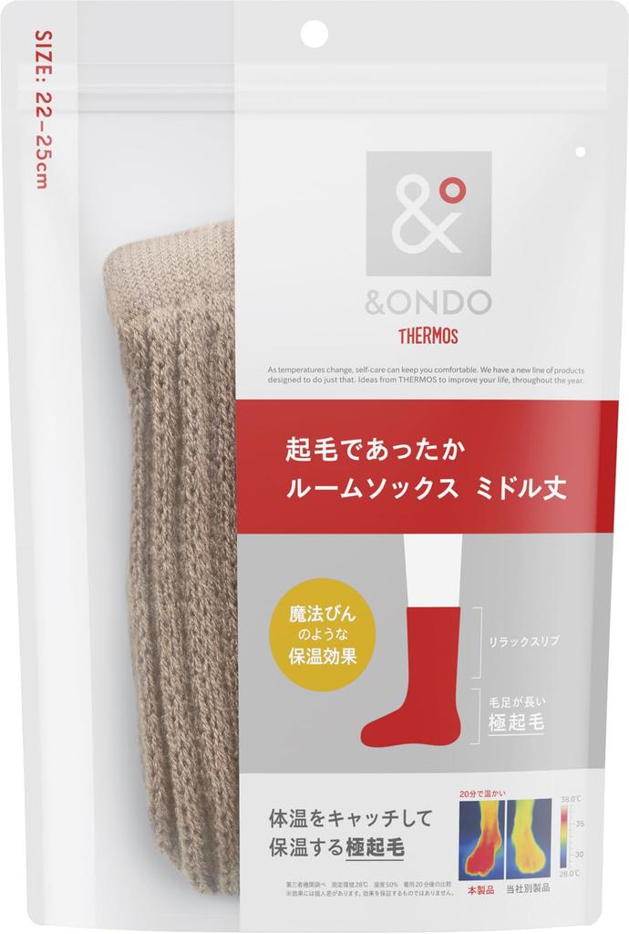 Thermos Warm Fleece Room Sizes Cold Winter Warm Socks &ONDO Socks, Mid-Length, 22-25cm, Beige, Thermos-Like Warmth, Protection, Warmth,