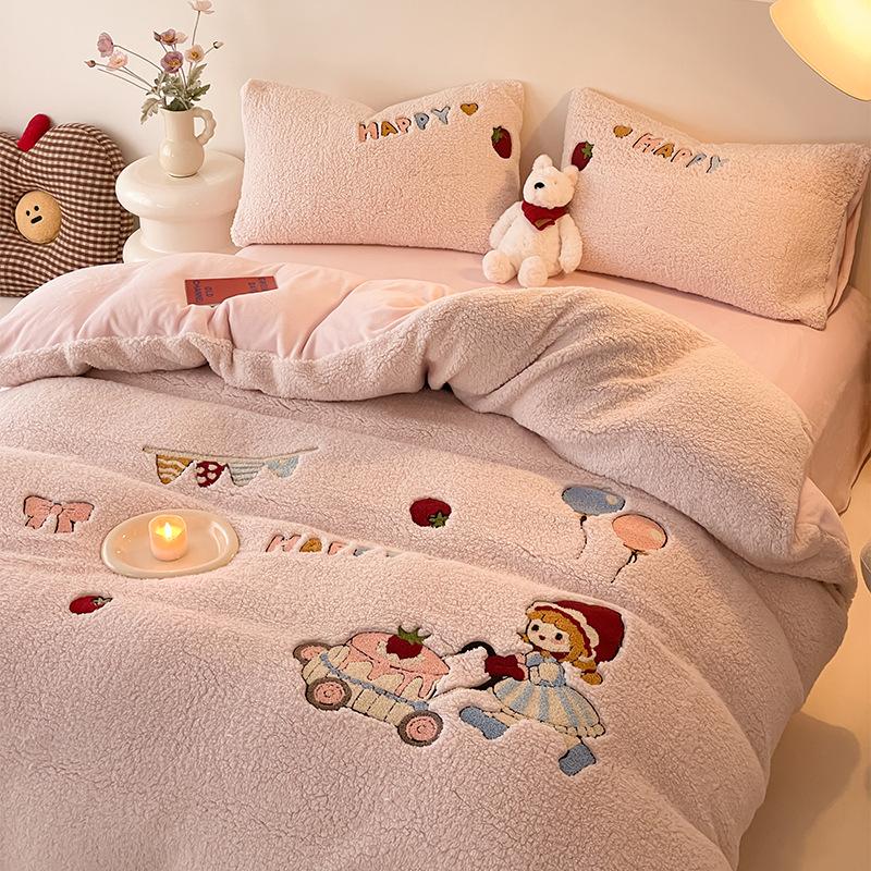 Cartoon Lamb Wool Four-Piece Set Thickened Milk Fleece Quilt Cover Coral Fleece Bedding Fleece Sheets