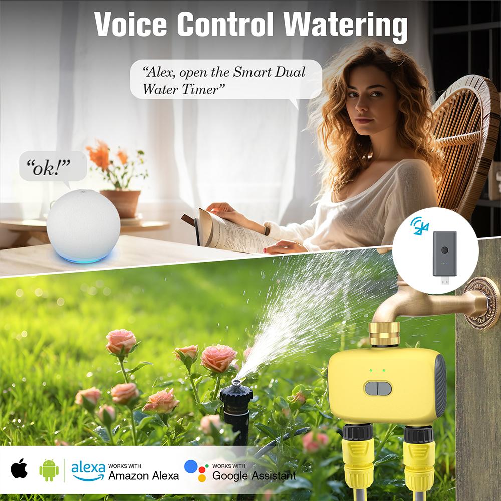 2 Outlets Bluetooth Garden Water Timer IP55 Waterproof Multi-Functional Automatic Irrigation Timer Rain Delay Manual Auto Mode