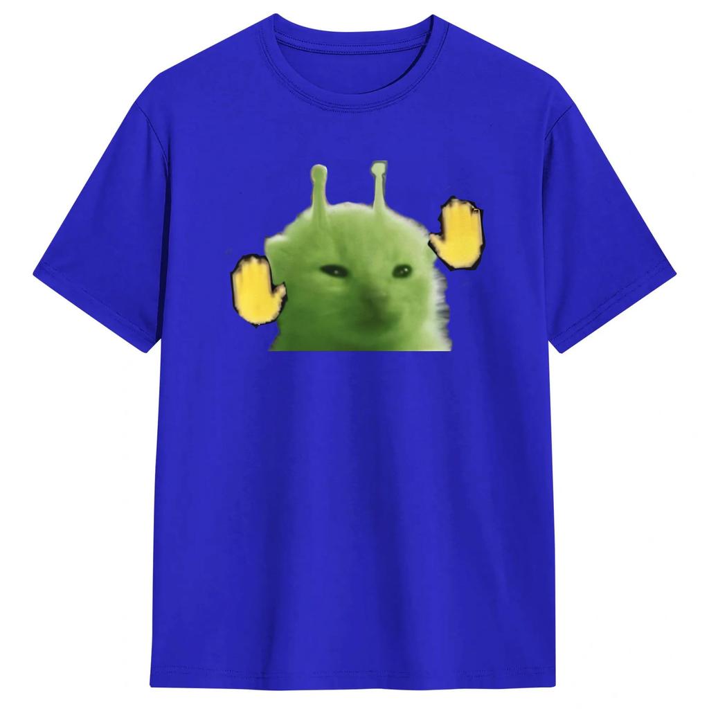Green Alien Cat Meme T Shirt Unisexs Cotton Funny TShirts Crewneck Tee Shirt Short Sleeve Clothes Summer