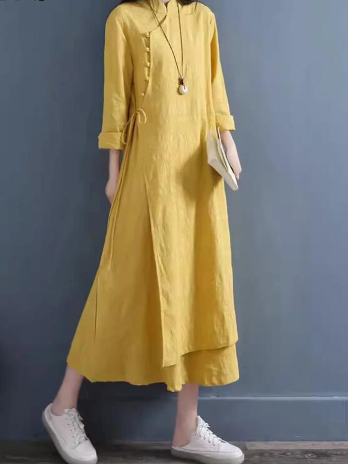 Robe Printemps Femme Vestidos Robe Elbise Lâche Grande Taille Coton Lin Double Couche Longue Robe