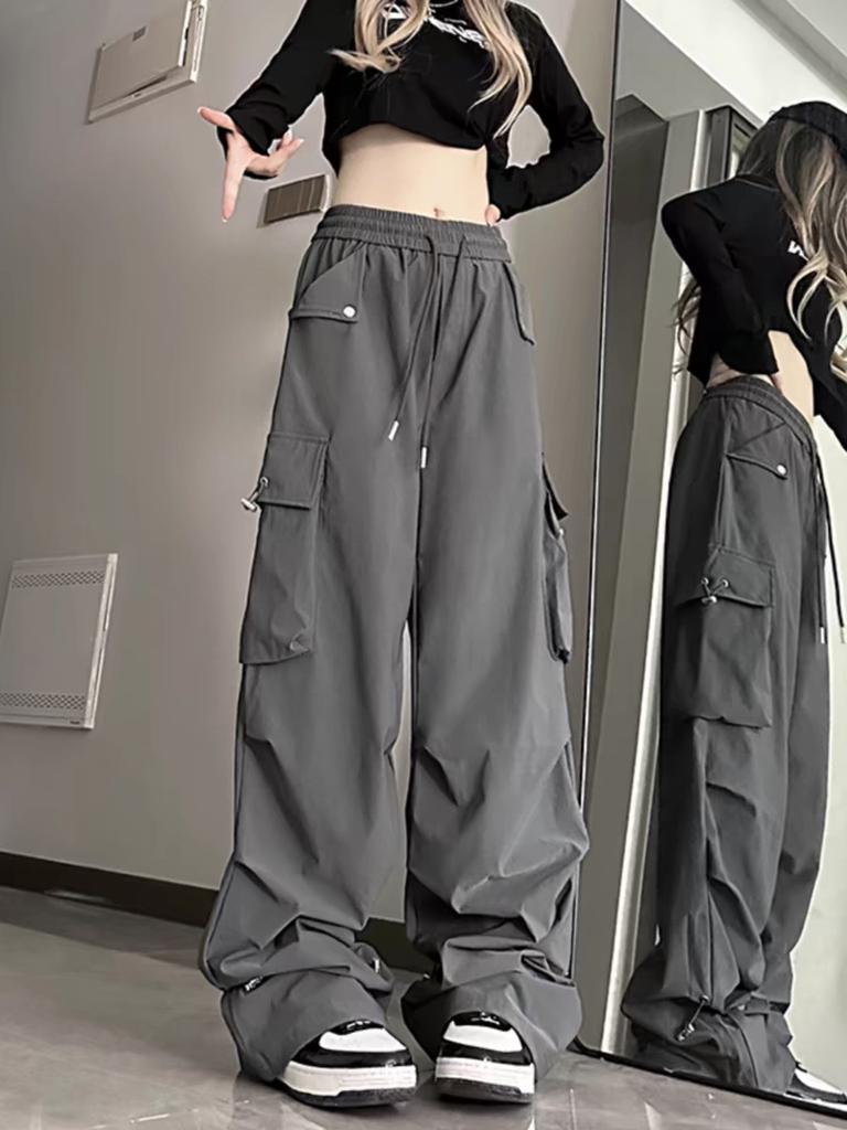 American Style Large Pocket Cargo Pants Women's Spring Summer New Style Wide Leg Pants Loose Slimming Casual Sports Pants