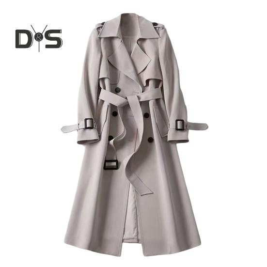 Damen Windjacke Umlegekragen Lockerer Mantel in reiner Farbe Zweireihig Lange Ärmel Gürteldekor Mantel Mittellang mit Taschen Winddicht Lady