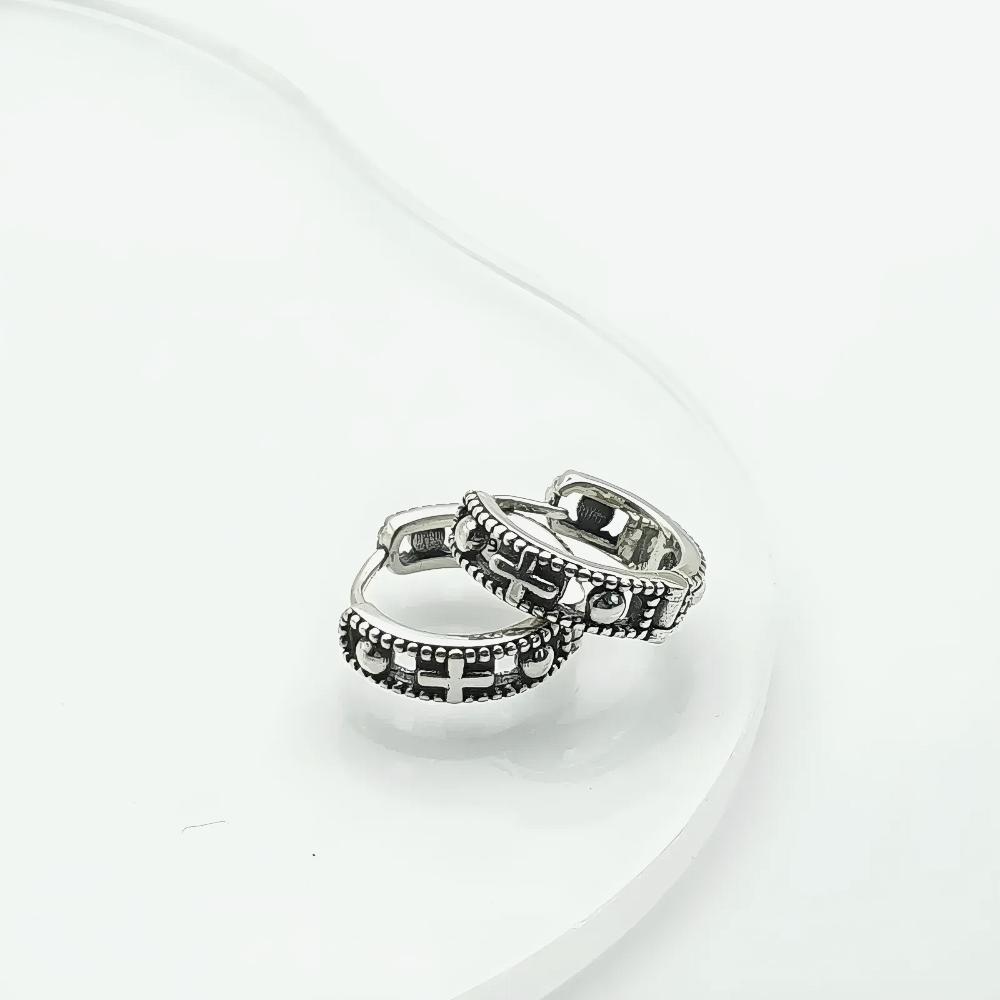 S925 Silver Vintage Cross Antique Huggie Hoop Earrings · From Korea