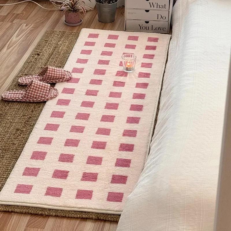 Bedroom Carpet Bedside Long Floor Mat Blue Plaid Carpets Soft Fluffy Foot Mats Minimalist Home Decoration Rug for Living Room