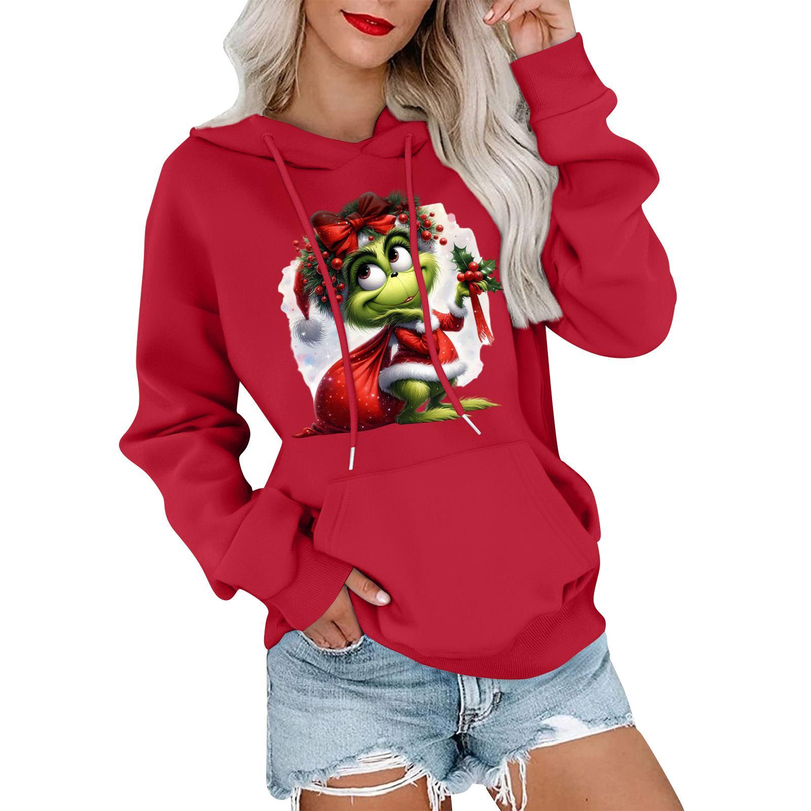 

Женский модный, расслабленный и удобный свитер с круглым вырезом и капюшоном, с длинными рукавами и рождественским принтом, теплый свитер S красный
