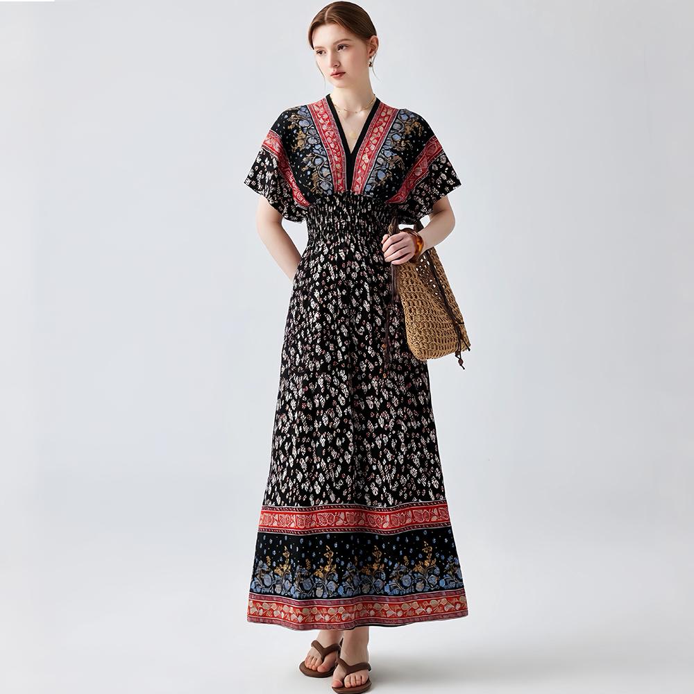 Bohemian-Style Cotton-Silk V-Neck Batwing Print Dress Summer Casual Vacation Beach Dress