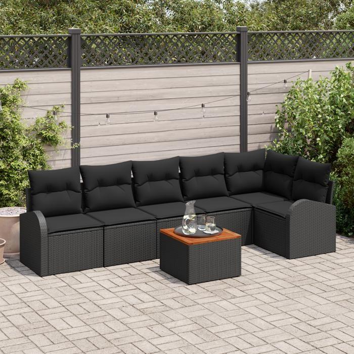 VidaXL Ensemble de Canapés de Jardin 7 pièces coussins noirs poly rattan acacia 3347590
