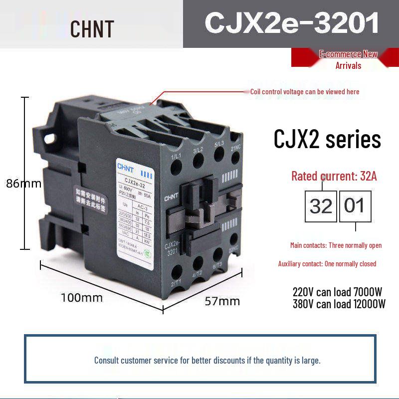 Chint CJX2 AC Contactor Series - 0910/1210/1810/2510/3210 (Voltage: 220V/380V/36V/24V)