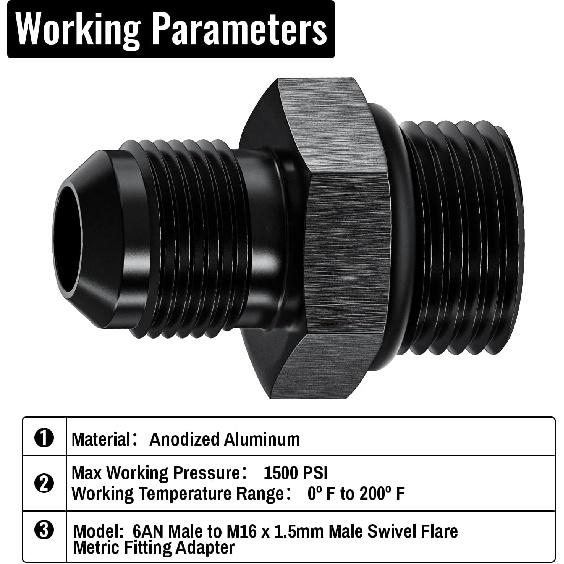 2Pcs 6AN Male To M16 X 1.5mm Male Swivel Flare Metric Fitting Adapter, Black Straight Hard Aluminum Hex Anodized Connector, Automotive Accessories