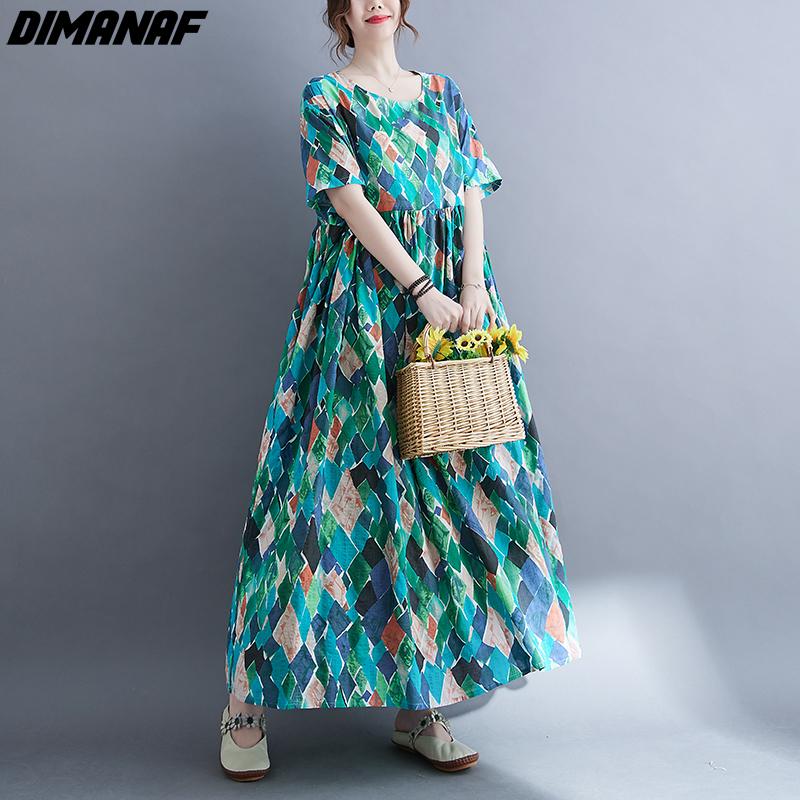 DIMANAF kobiety sukienka letnia Plus rozmiar plażowa sukienka lniana czeski nadruk kwiaty moda Lady Vestidos luźna długa sukienka na co dzień Oversize 9063