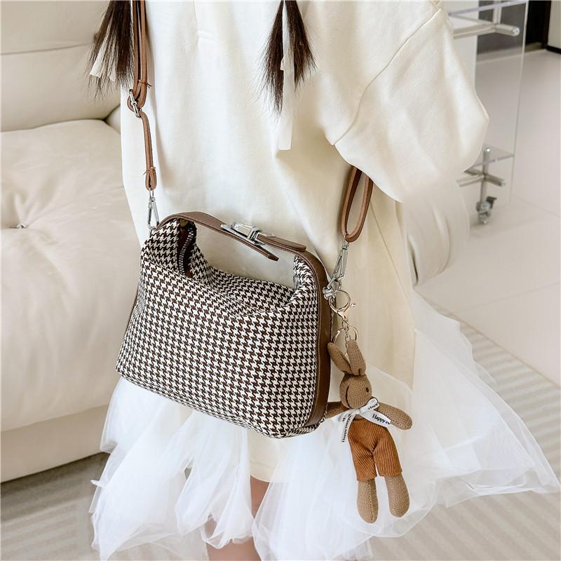 Simple Houndstooth Pattern Parent Child Shoulder Bag With Pendant For Kids Daily Use