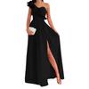 Sleeveless One Shoulder Dress with Ruffle Detail and Side Slit Maxi Dress with Flared Hem for Women