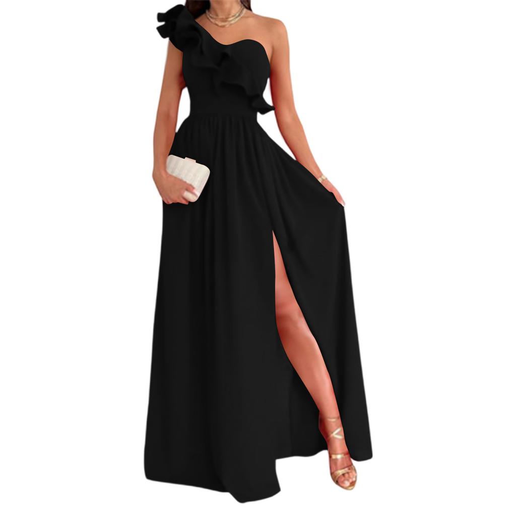 Sleeveless One Shoulder Dress with Ruffle Detail and Side Slit Maxi Dress with Flared Hem for Women