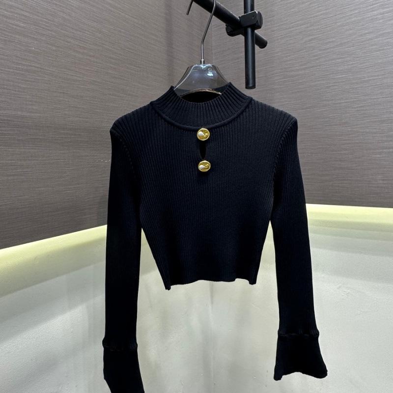 Trendy European-Style Knit Hollow Metal Detail Slim Fit Long Sleeve Top