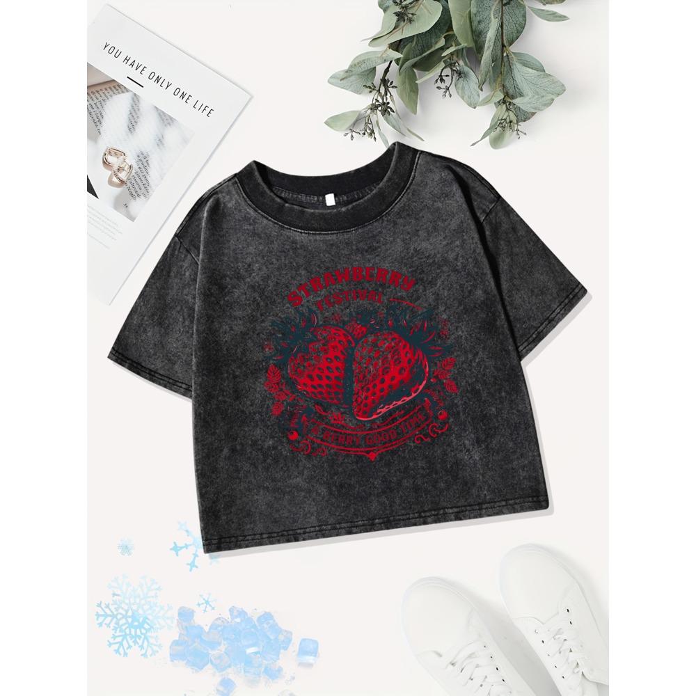 Summer Cotton Crop Tops Womens Strawberry Estival A Berry Good Timeprints Washed T-Shirt O-Neck Regular Fit Tees Clothes