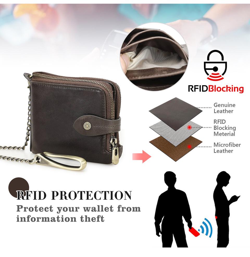 Black Angel RFID Anti-Theft Men's Wallet with Cowhide, Chain, Zipper, and Fashion Buckle