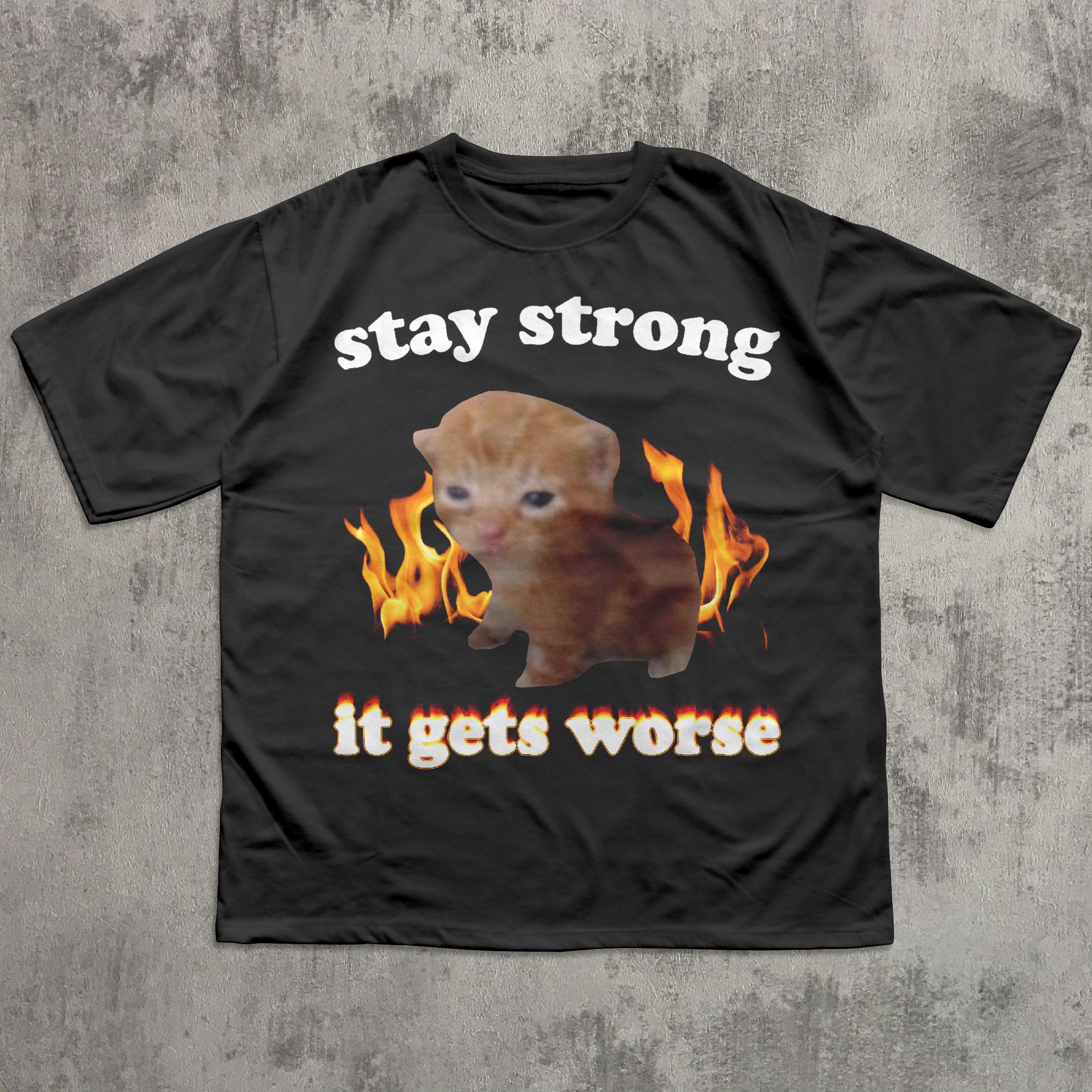 Stay Strong It Gets Worse Funny Cat Meme Tshirt Silly Cats Shirt Kitten Tee Brainrot Clothes Unhinged Tshirt S