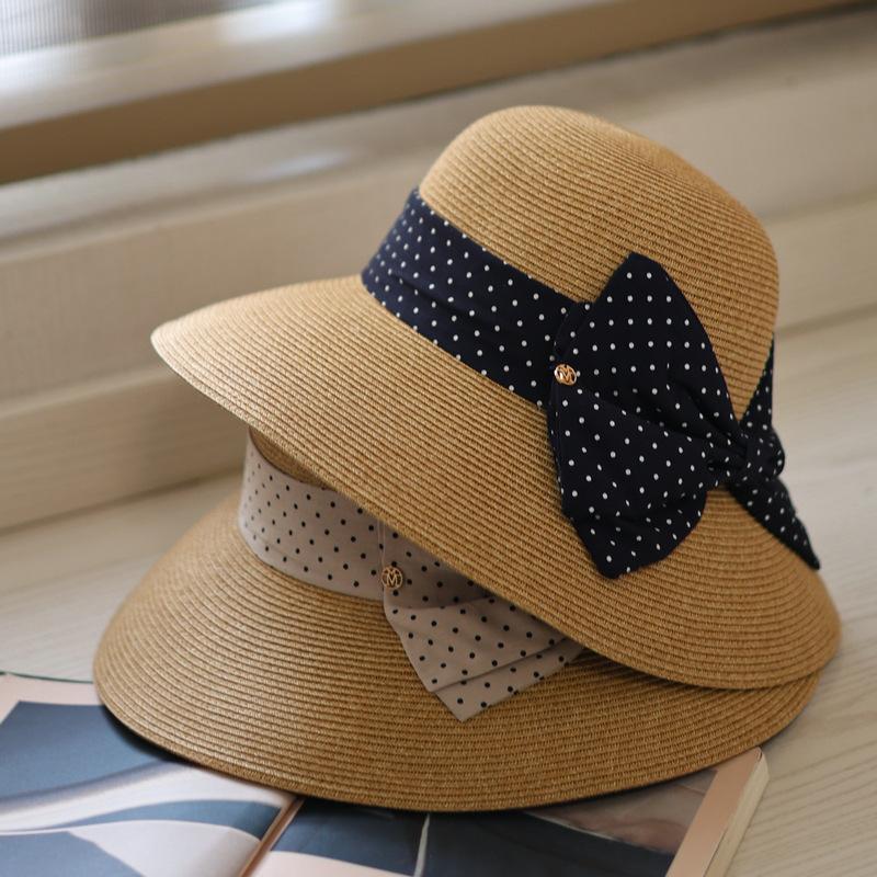 Hepburn style polka dot bow big brim straw hat elegant retro fashion spring and summer sun protection beach bucket hat
