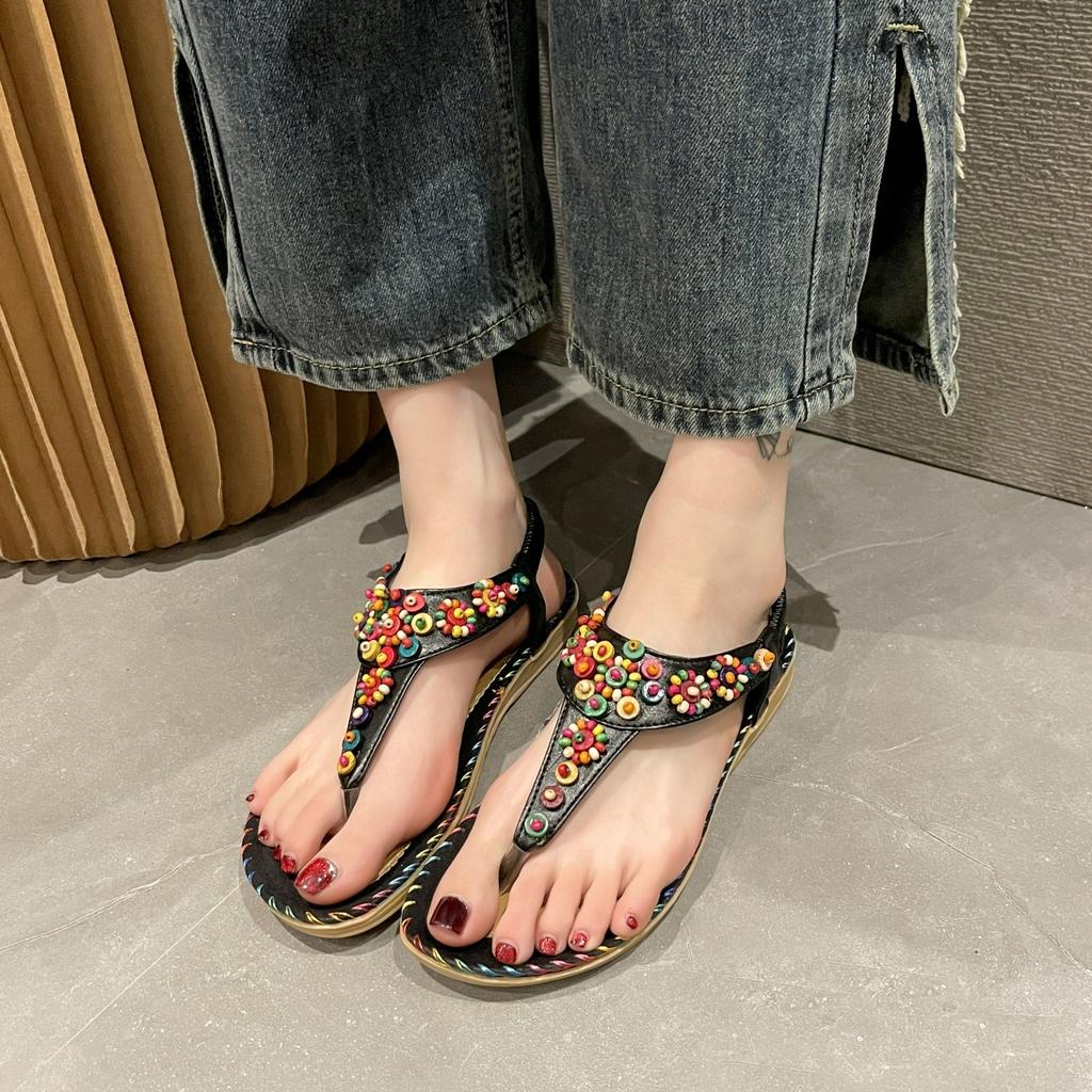 Flat Sandals Women's Summer Bohemian Clip-on Flat Sandals Women's Beaded Beach Shoes Women