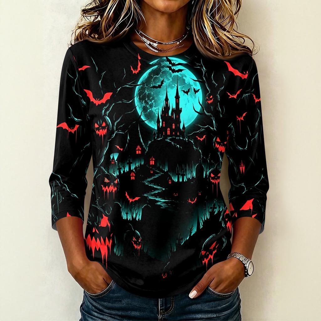 Women's Casual Crew Neck Three Quarter Sleeve Halloween Print T Shirt Top Lightweight Comfortable Fit Suitable for Daily Wear