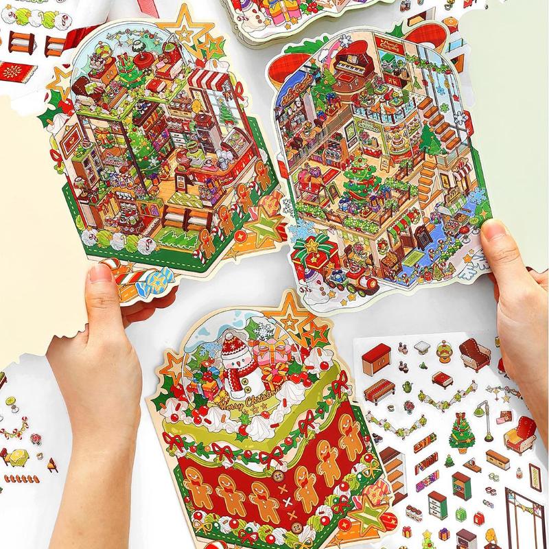 Christmas Miniature Diorama Landscape Stickers Cute Cartoon Pocket Diy Scene Decoration Aesthetic Stationery Stickers