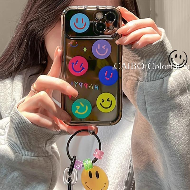Colorful Smiley Face Pendant Is Suitable for Apple 16pro Mobile Phone Case 15 Flip Mirror 14 All-inclusive Anti-drop 13 Silicone 7/8.