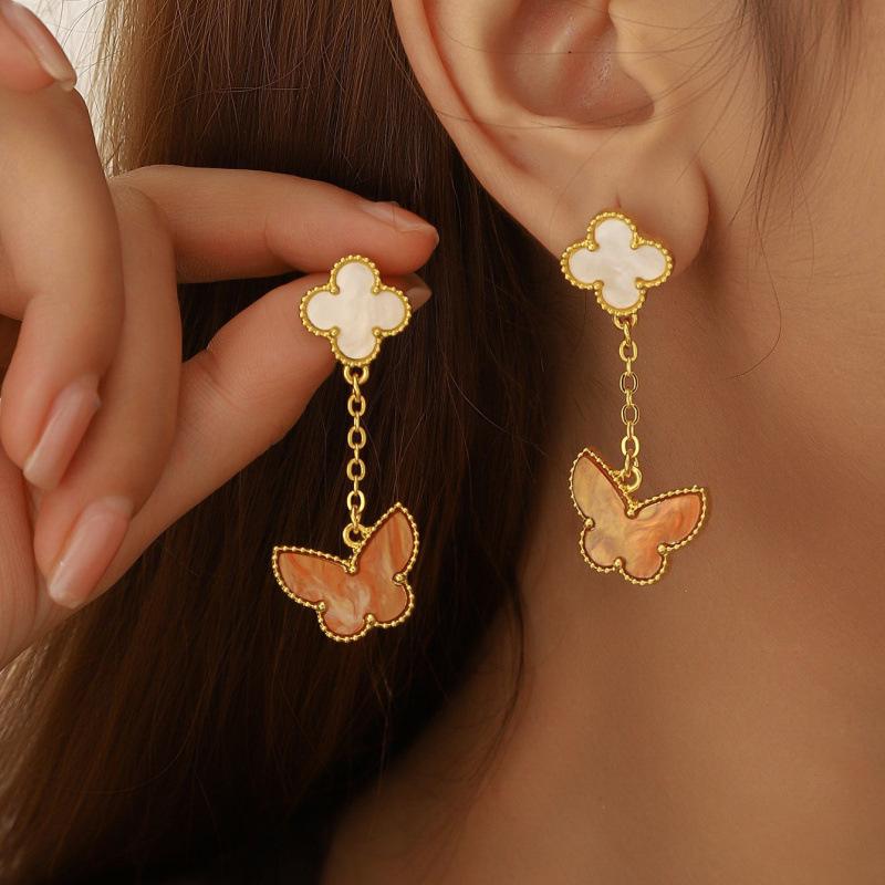Luxurious Four-Leaf Clover & Tiger s Eye Butterfly Earrings for Women золотой