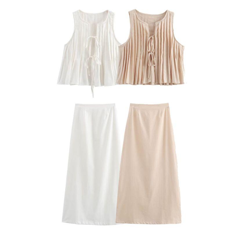 Kaslead New Arrival Women's Clothing Fashion Style Fashion Minimalist Pleated Cotton Shirt Casual Skirt Suit