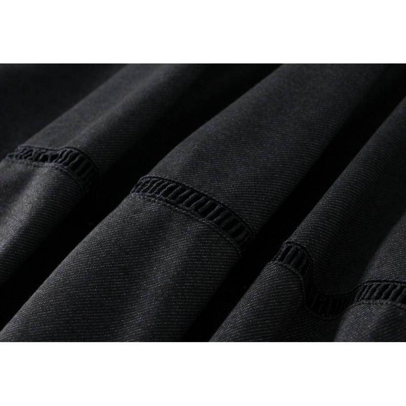 Qooth Denim Skirt with Pockets Mid Length Flare Skirt Slim Autumn Fall Casual Skirt QT2732