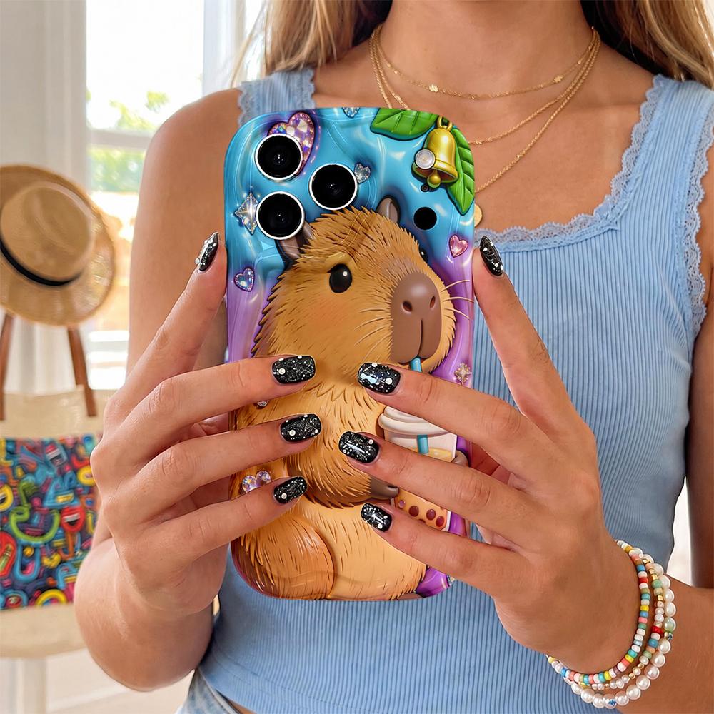 Inflated Capybara Bubble Tea Rhinestone Wavy Edge Phone Case For iPhone 17 16 15 14 13 12 11 8 7 Plus Pro Max Protective Cover