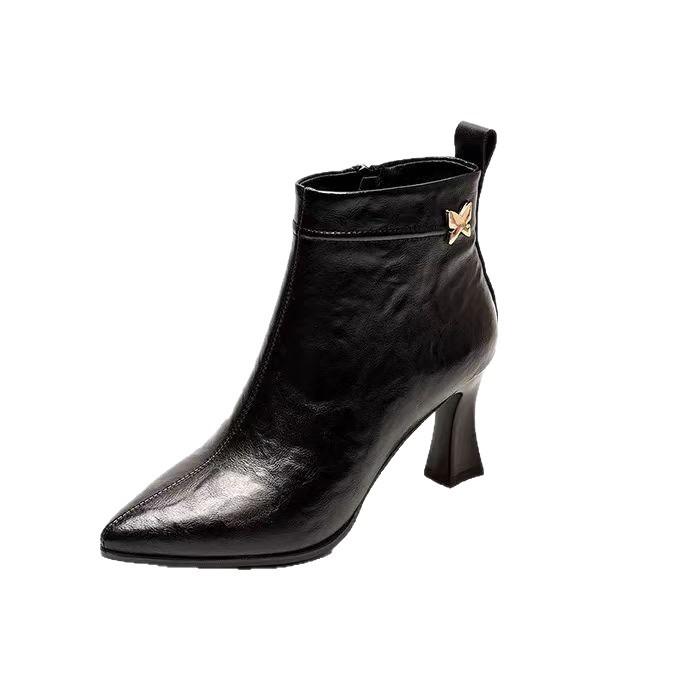 High-heeled Pointed Boots Women's Soft Leather French Stiletto Boots Versatile Medium Boots Autumn and Winter High-heeled Fashion Boots Women