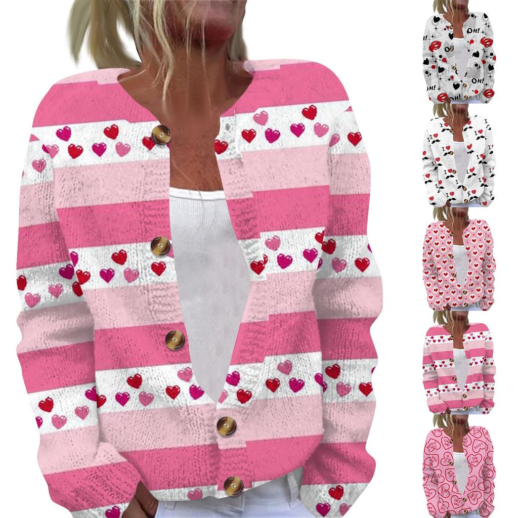 Women's Fashion Printed Valentine's Day Long Sleeved Knitted Cardigan Button Down Jacket