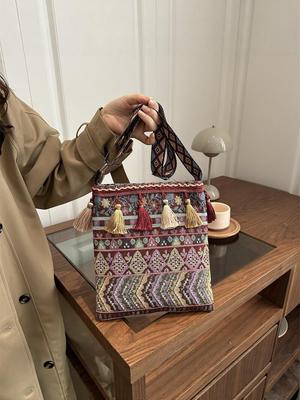 Sac bandoulière tissé à franges géométriques ethniques - Sac à main rétro à une épaule pour femme