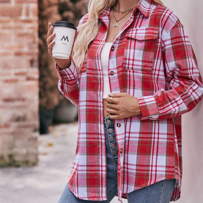 Autumn and Winter New Casual Fashion Loose Plaid Button Shirt Autumn New Products Women's Long-sleeved Top 6803