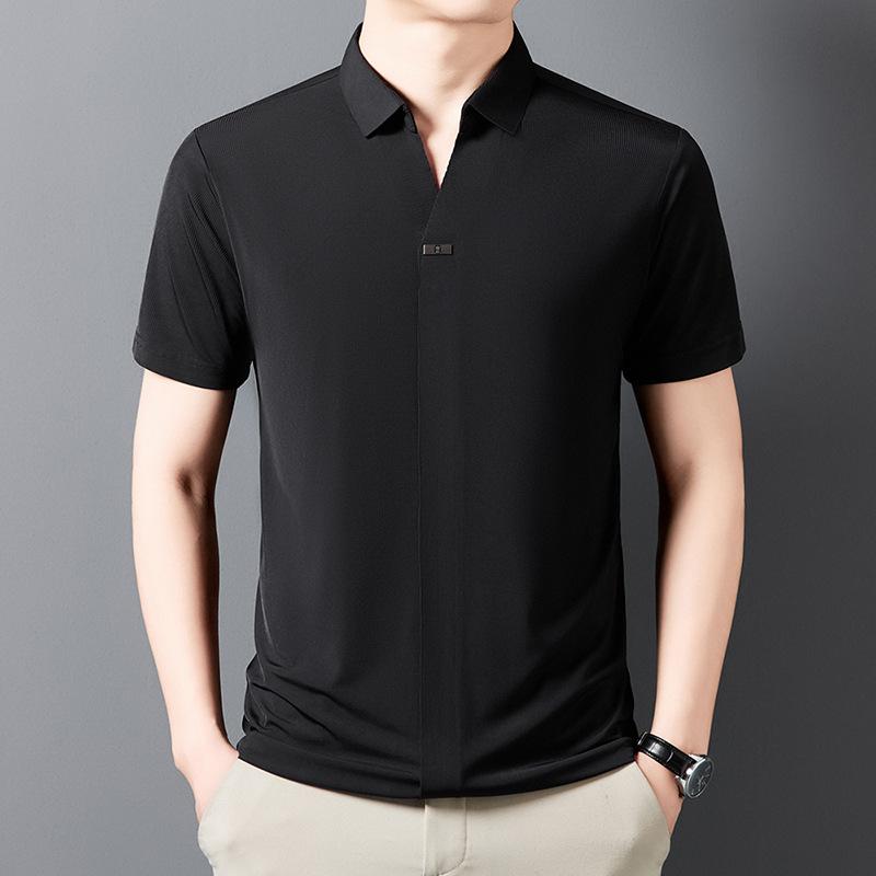 

Мужская летняя однотонная рубашка-поло с короткими рукавами и V-образным вырезом, модная, повседневная, дышащая и удобная рубашка с короткими рукавами XL чёрный