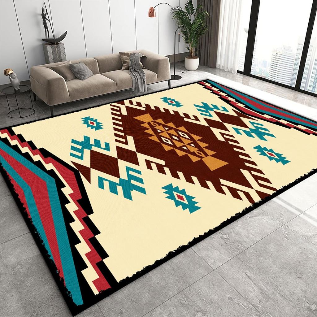 Totem Pattern Ethnic Geometric Carpet - Living Room Carpet Decoration Bohemian Style Bordered Colorful Geometric Floor Carpet