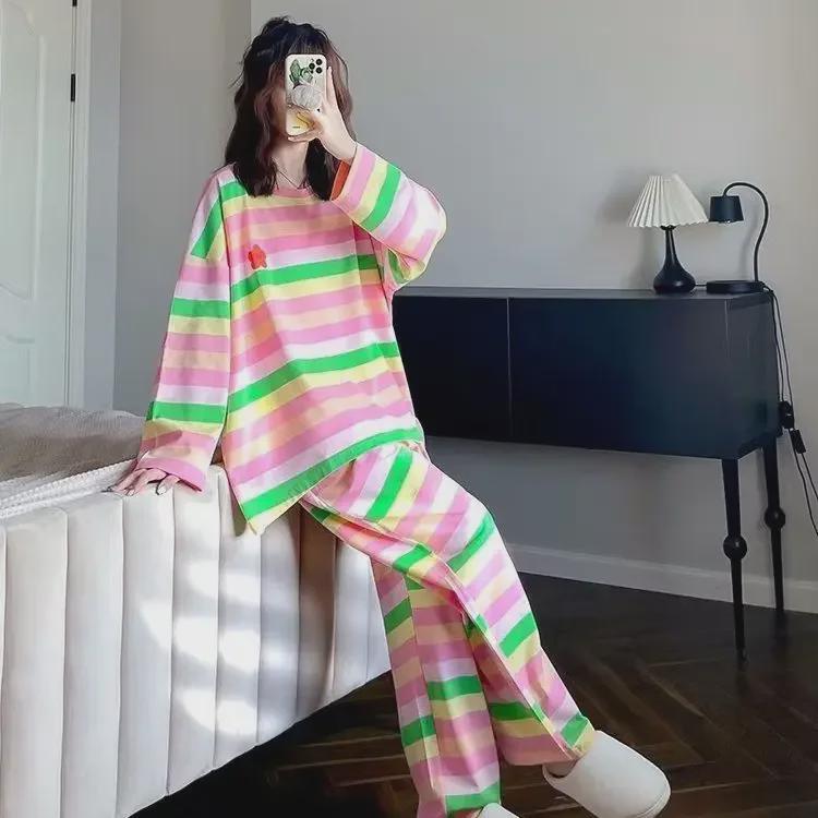 Women's Rainbow Striped Cartoon Pajama Set - Long-Sleeve Loose Fit for Spring/Fall